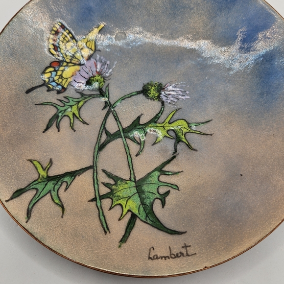 Enameled Copper Butterfly Thistle Trinket Ring Dish Artist Signed - Picture 4 of 8